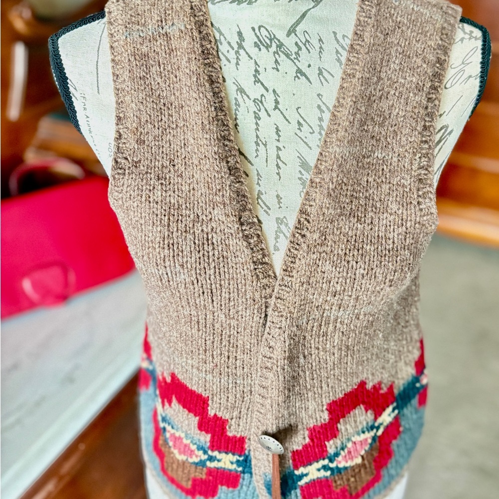 Vest, hand knit, with red and blue, brown, leather and authentic silver accents